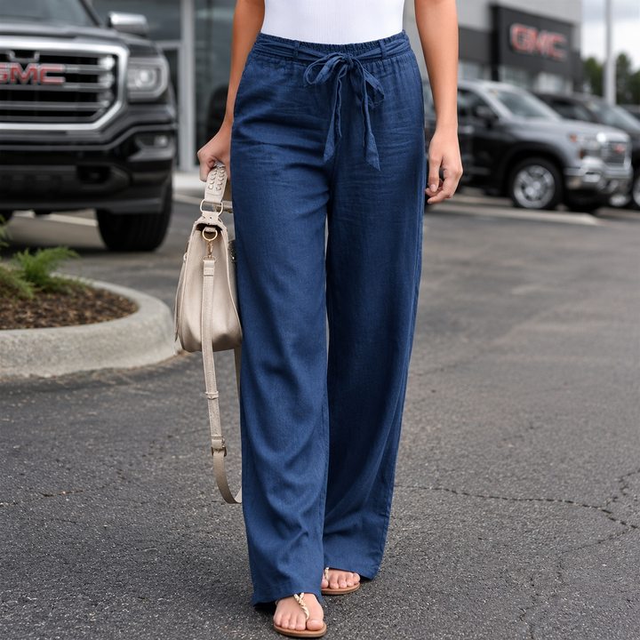 Pantalones de Lino con Pierna Ancha en Azul oscuro