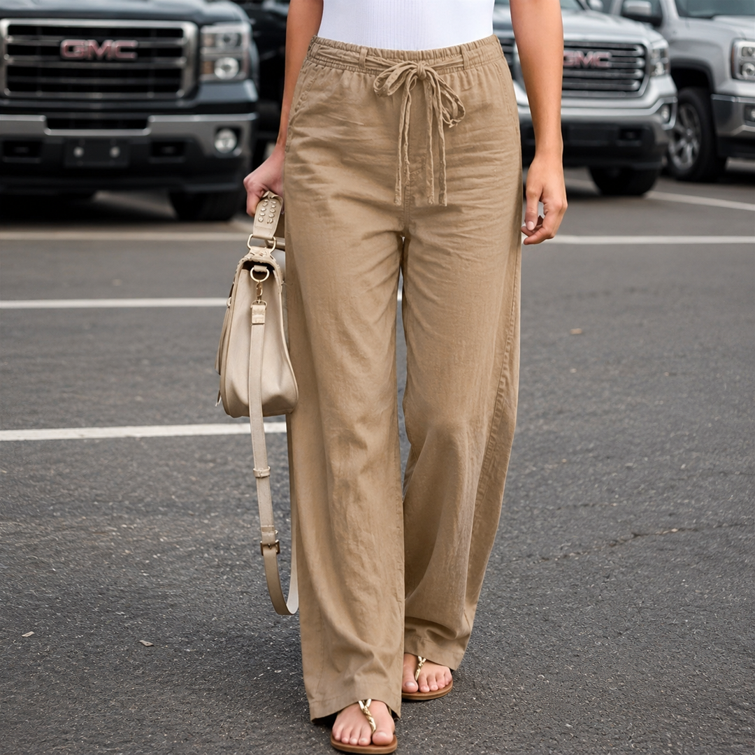 Pantalones de Lino con Pierna Ancha en Marrón claro