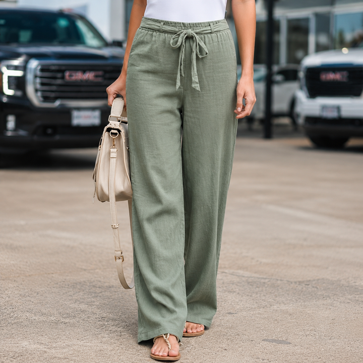Pantalones de Lino con Pierna Ancha en Verde