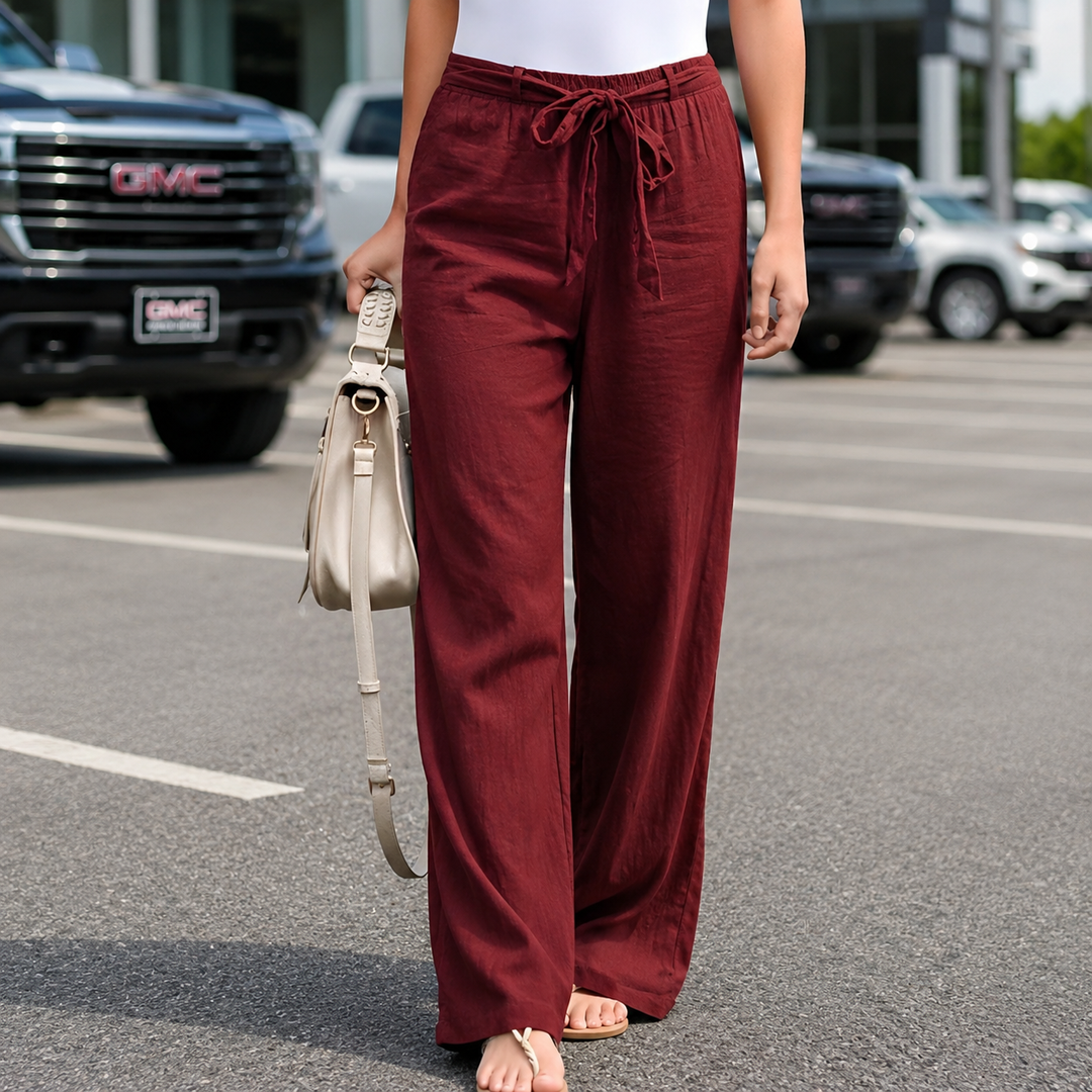 Pantalones de Lino con Pierna Ancha en Vino