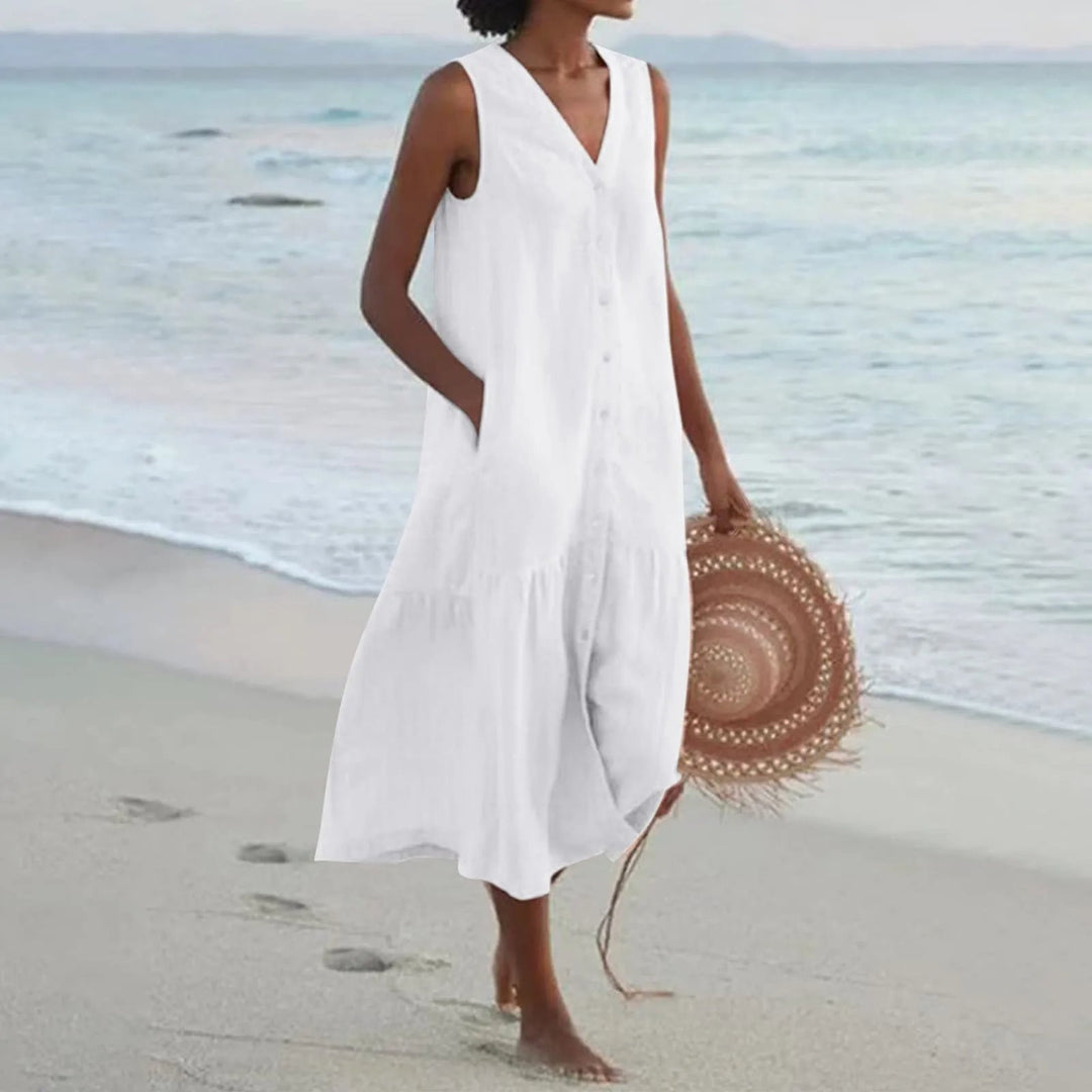 Sofisticado Vestido de Lino con Escote en V en Blanco