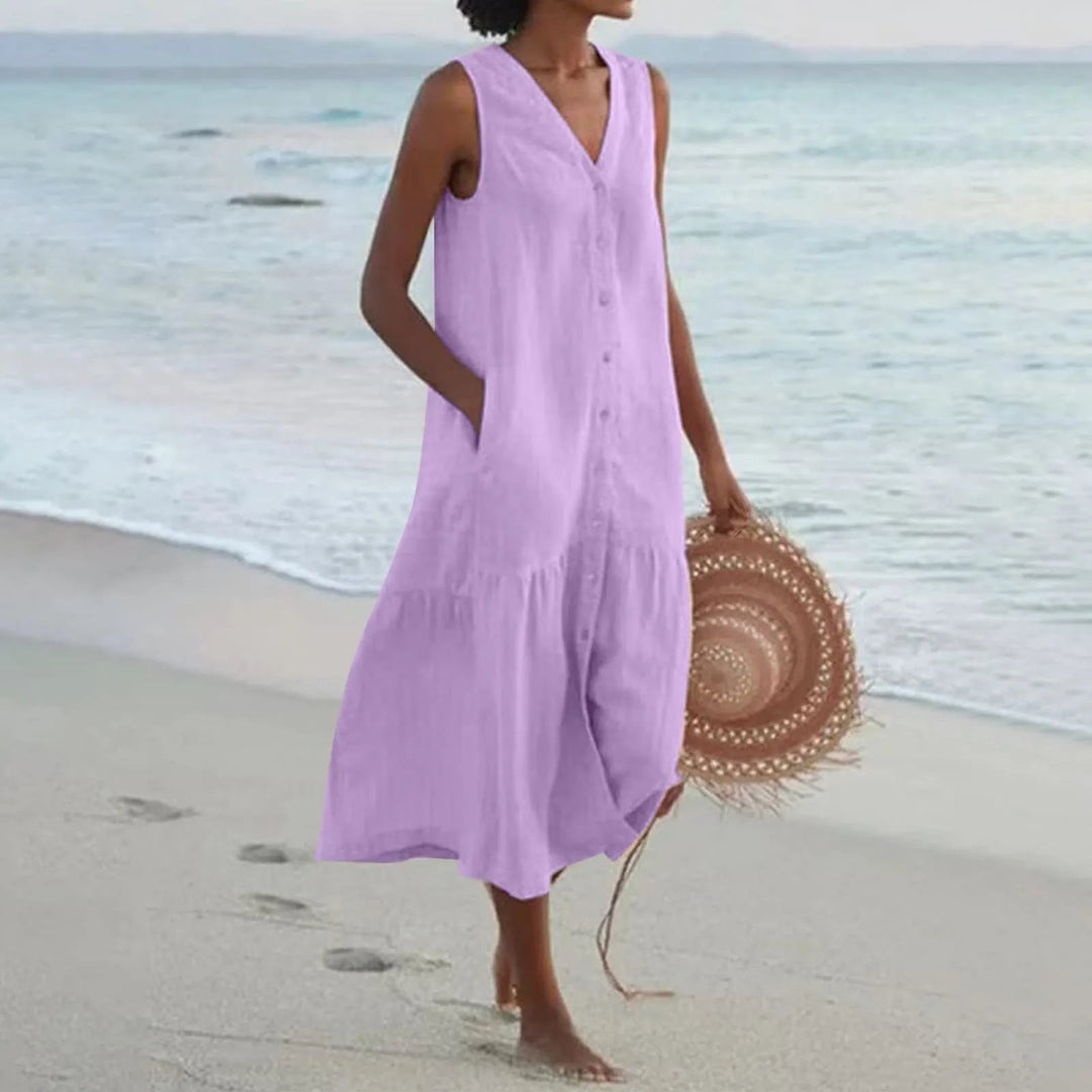 Sofisticado Vestido de Lino con Escote en V en Morado