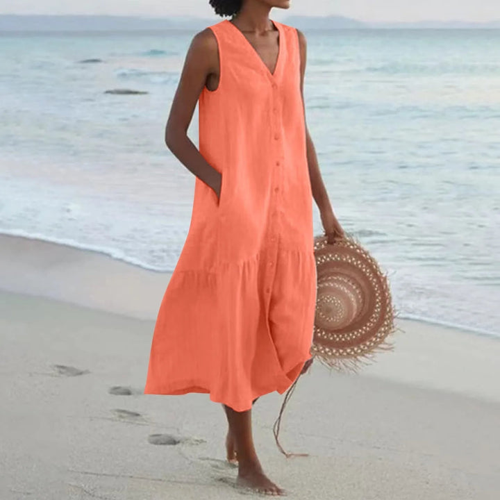 Sofisticado Vestido de Lino con Escote en V en Naranja