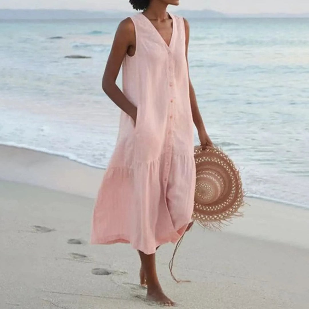 Sofisticado Vestido de Lino con Escote en V en Rosa