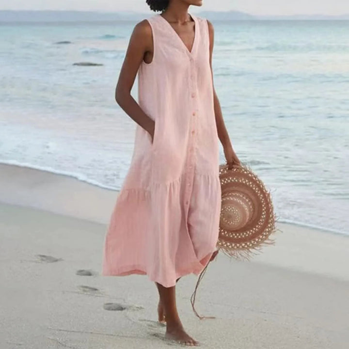 Sofisticado Vestido de Lino con Escote en V en Rosa