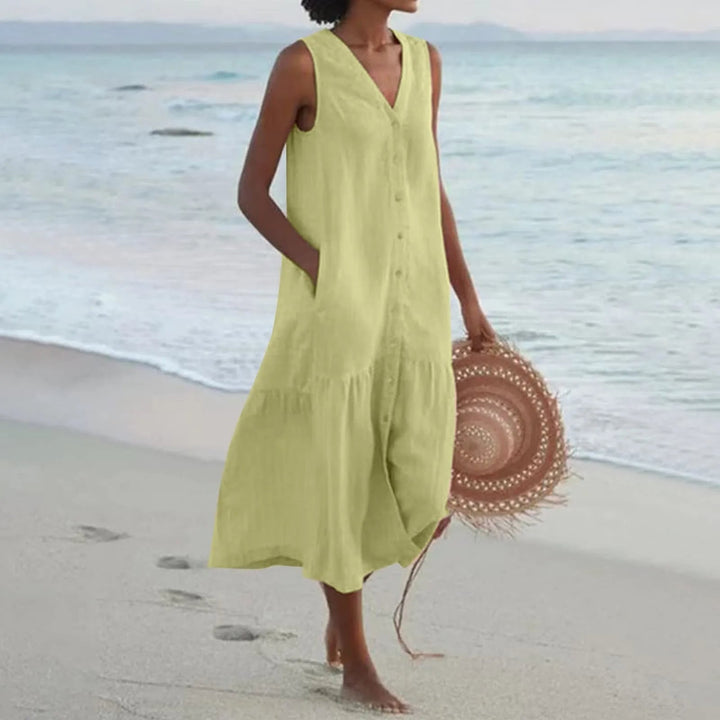 Sofisticado Vestido de Lino con Escote en V en Verde