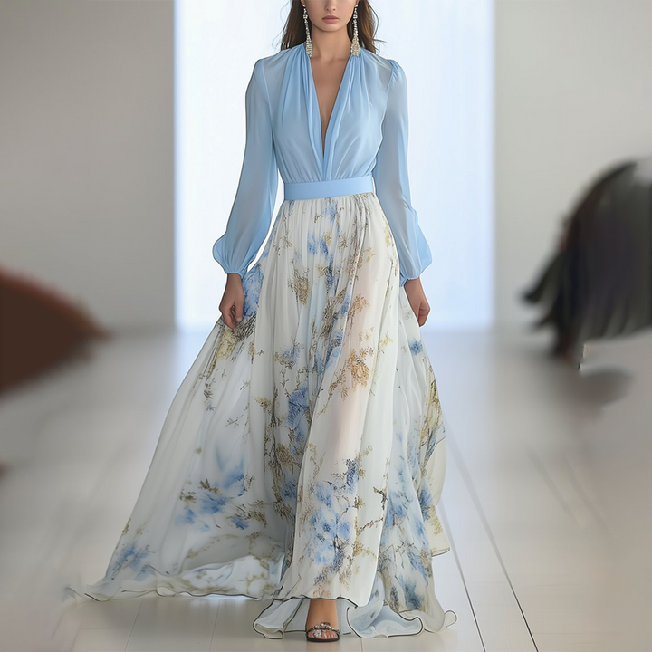 Sofisticado Vestido Maxi de Otoño Floral en Azul