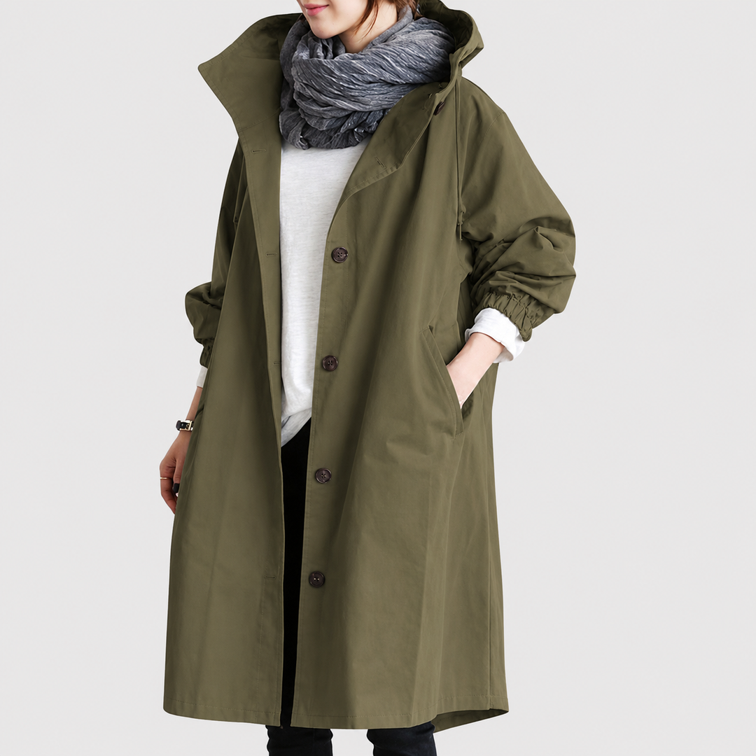 Trenchcoat Elegante Versátil para Lluvia en Armeegrün