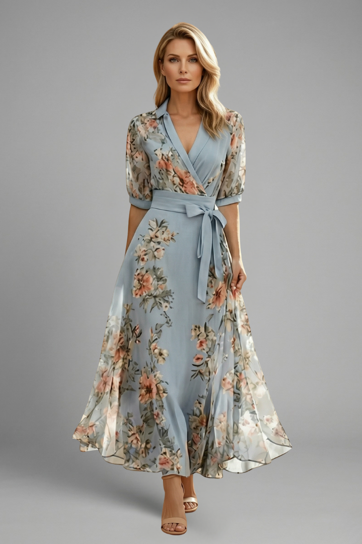 V Neck Midi Dress Wedding Guest en Azul