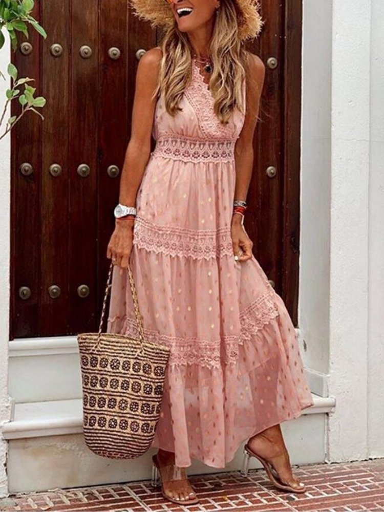 Vestido boho largo para invitada de boda en Rosa 1