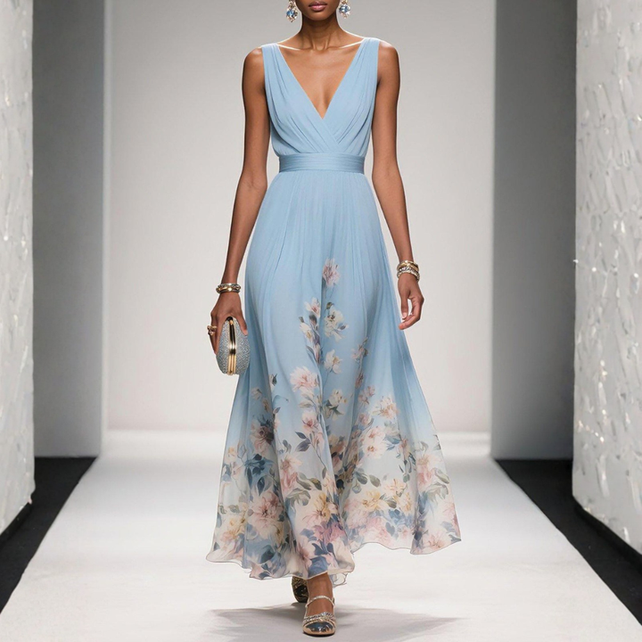 Vestido boho maxi floral para invitadas de boda en Azul claro