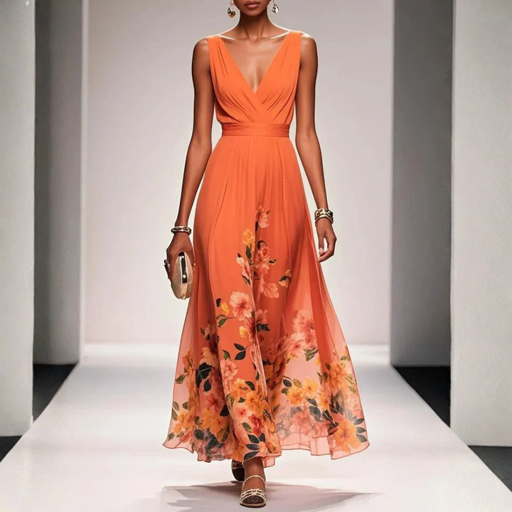 Vestido boho maxi floral para invitadas de boda en Naranja