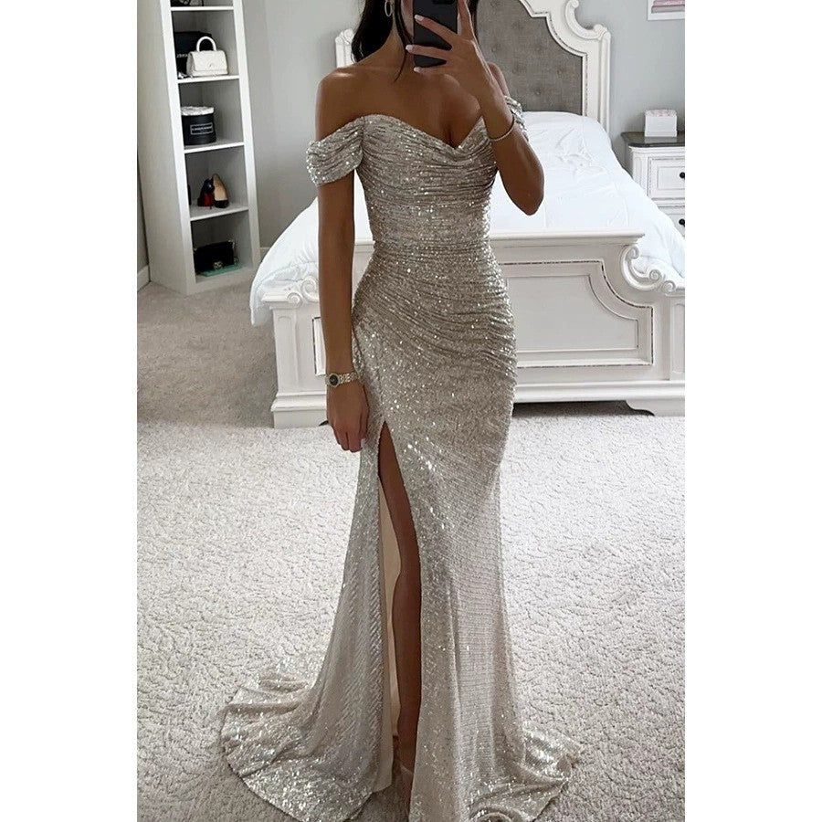 Vestido de Invitada de Boda con Lentejuelas en Plateado