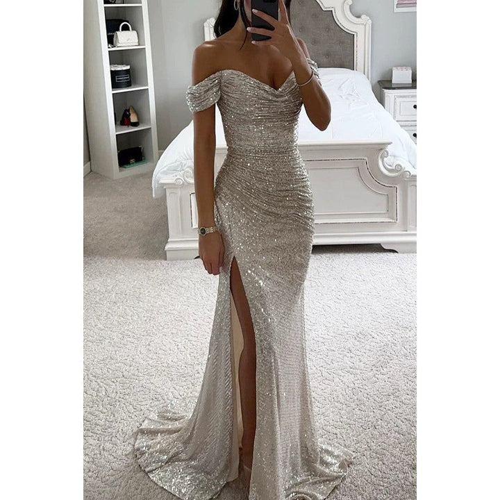 Vestido de Invitada de Boda con Lentejuelas en Plateado