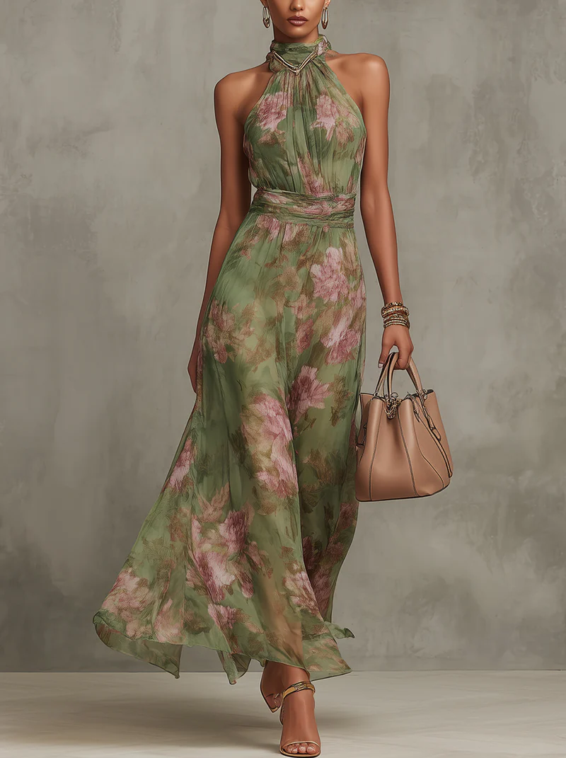 Vestido de lino floral para verano en Grüner Blumenprint 1