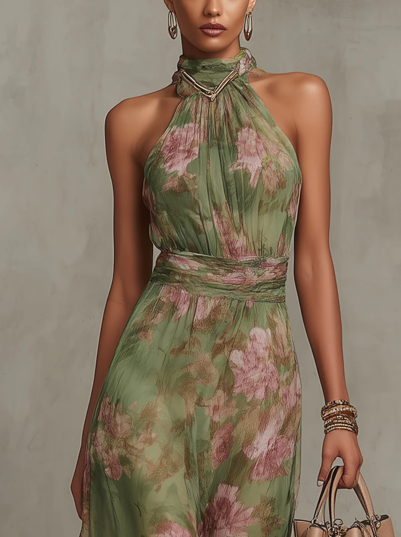 Vestido de lino floral para verano en Grüner Blumenprint 3
