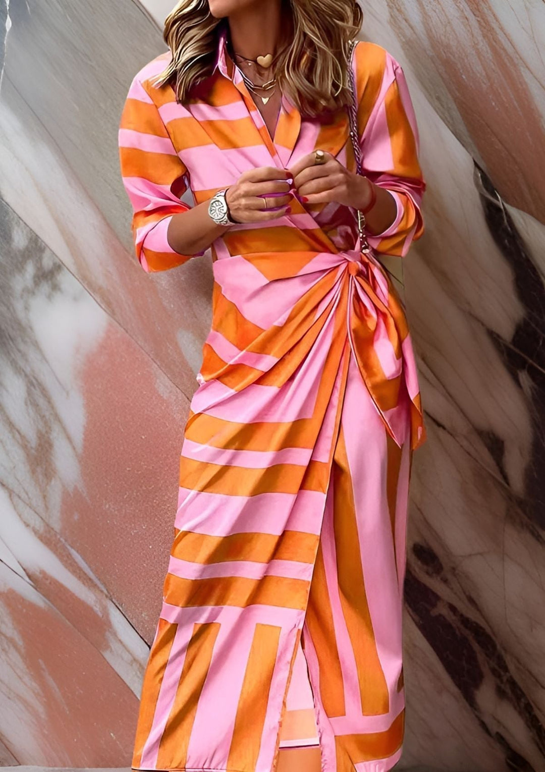 Vestido de Otoño Estampado Cruzado en Naranja