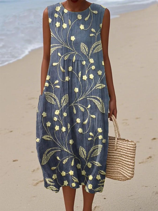 Vestido de Playa Floral de Lino en Azul 1