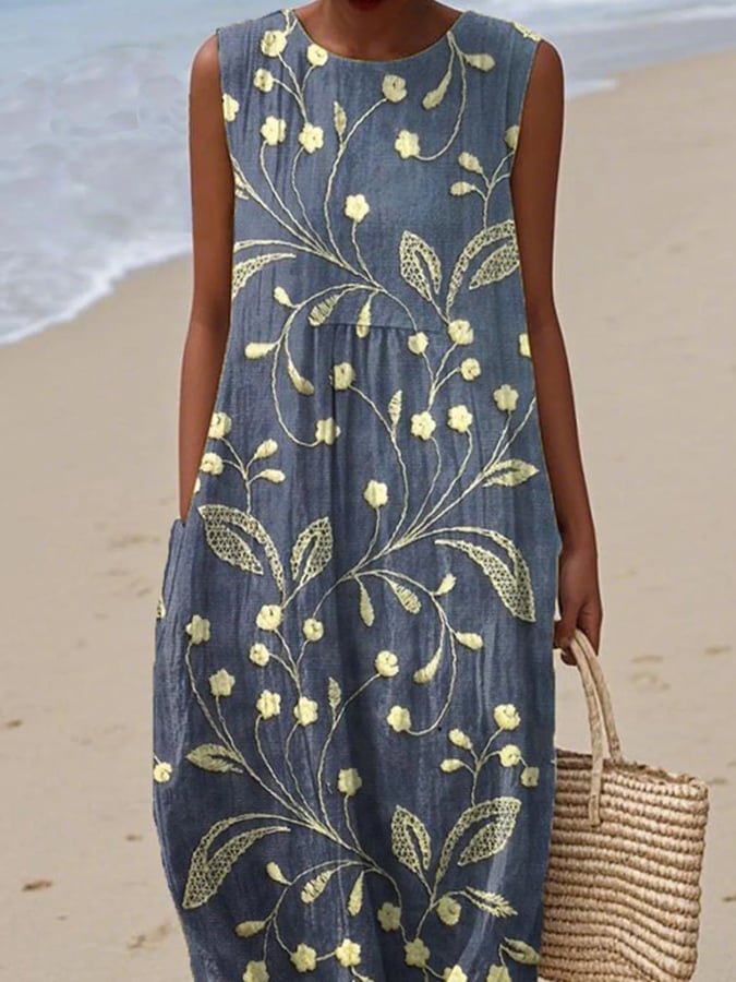 Vestido de Playa Floral de Lino en Azul 2