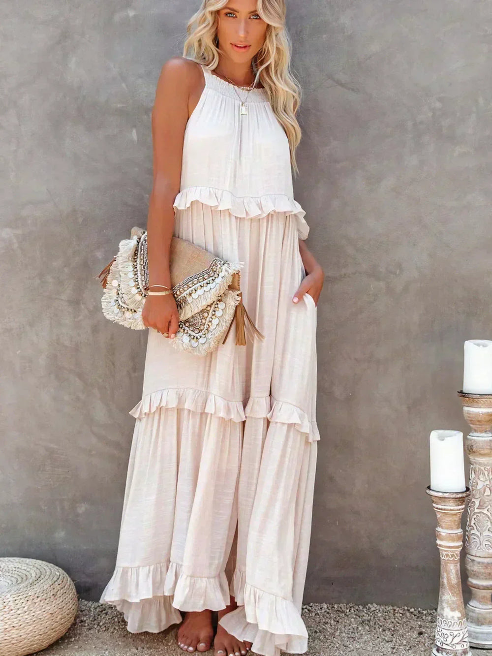 Vestido de verano largo y boho para mujer en Beige 2