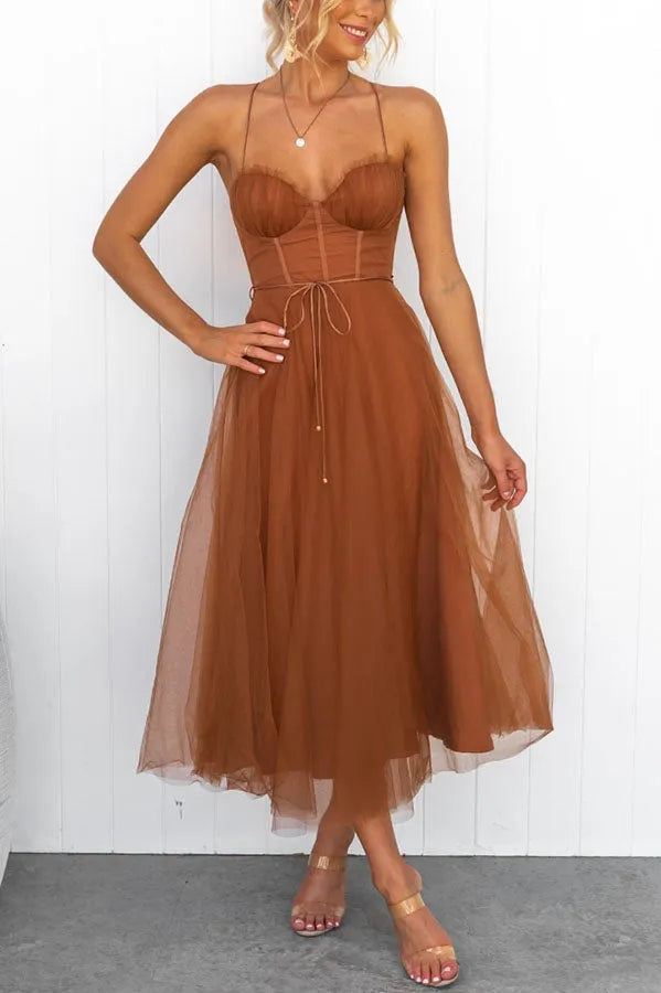 Vestido de Verano Midi Elegante para Ocasiones Especiales en Brązowy