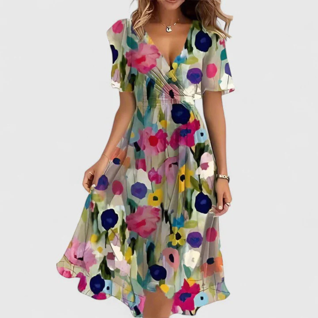 Vestido de verano midi floral para invitada de boda en Beige Floral