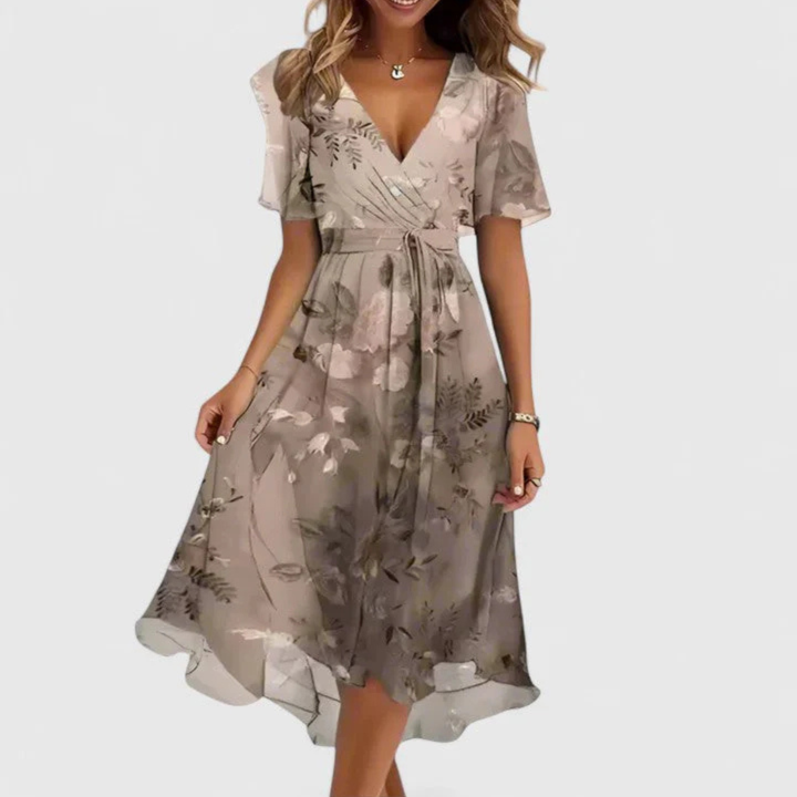 Vestido de verano midi floral para invitada de boda en Marrón claro
