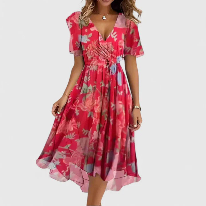 Vestido de verano midi floral para invitada de boda en Rojo