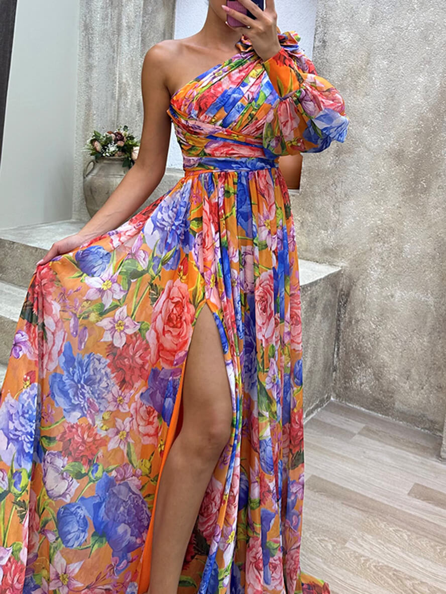 Vestido Floral Maxi de Invitada con Hombro Asimétrico en Naranja