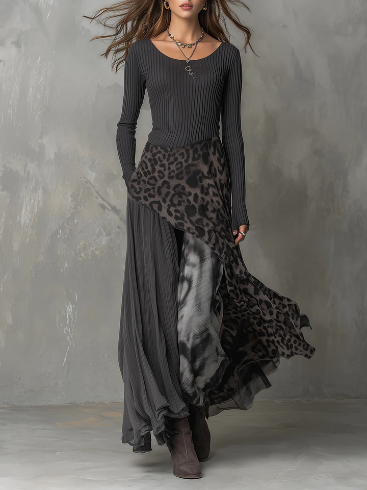 Vestido Maxi Boho Estampado para Otoño en Gris