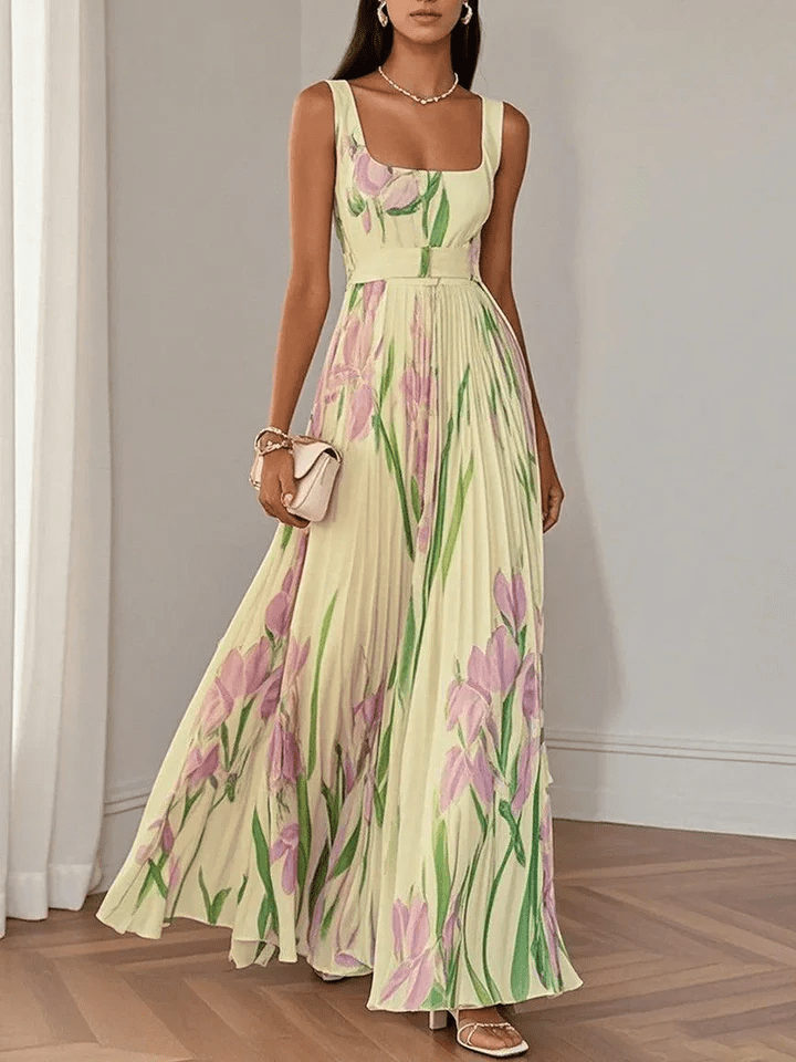 Vestido Maxi de Chifón Estampado Floral para Invitada de Boda en Amarillo