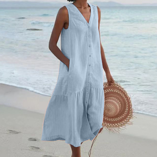 Vestido midi de lino para invitada de boda en Azul