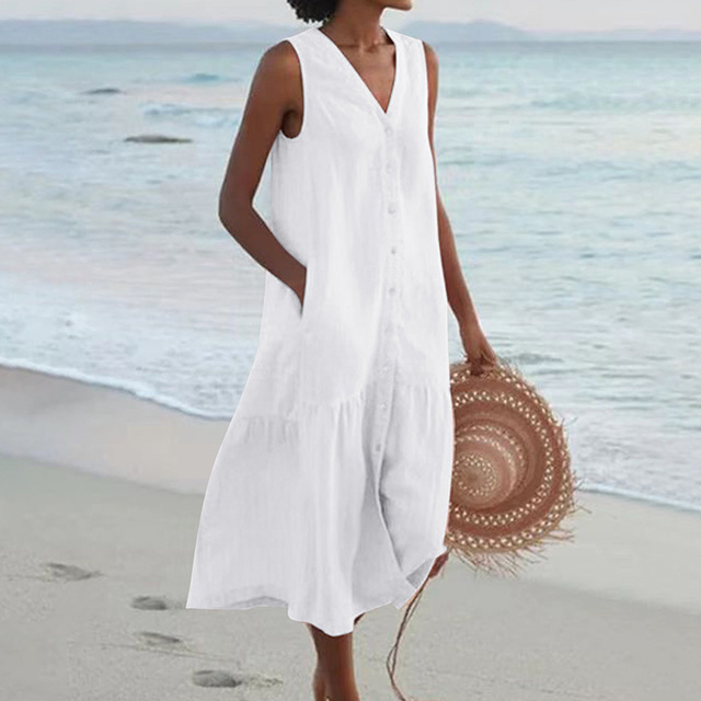 Vestido midi de lino para invitada de boda en Blanco