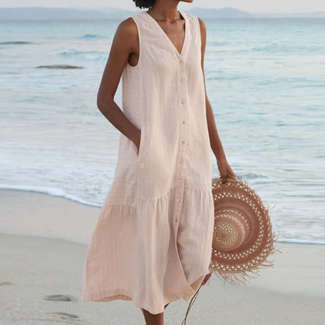 Vestido midi de lino para invitada de boda en Caqui