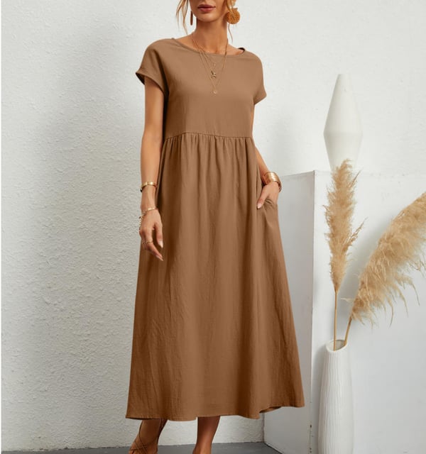 Vestido Midi de Lino para Invitada de Boda in Marrón