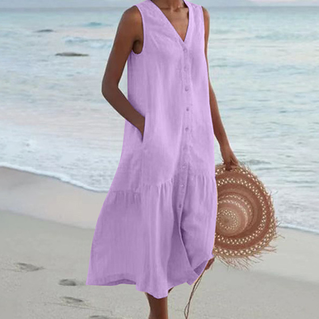 Vestido midi de lino para invitada de boda en Morado