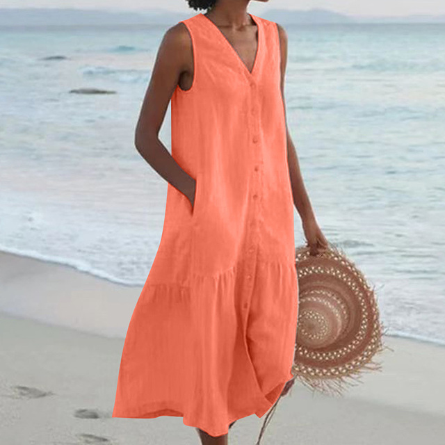 Vestido midi de lino para invitada de boda en Naranja