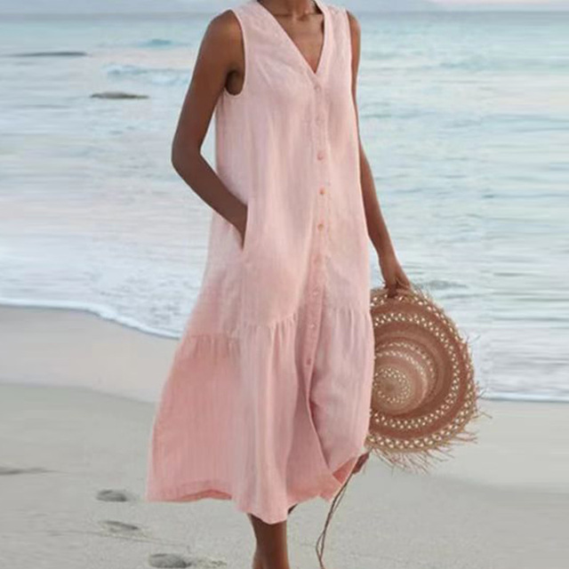 Vestido midi de lino para invitada de boda en Rosa
