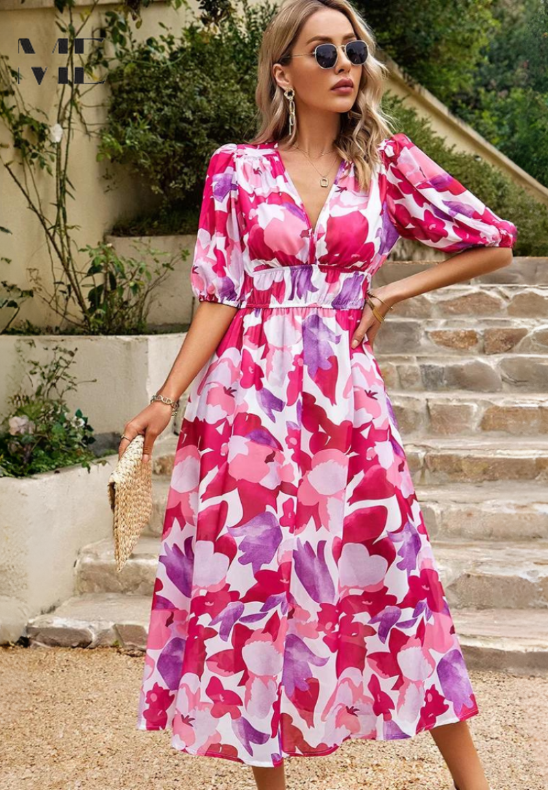 Vestido Midi Elegante para Invitada de Boda en Rosa 1