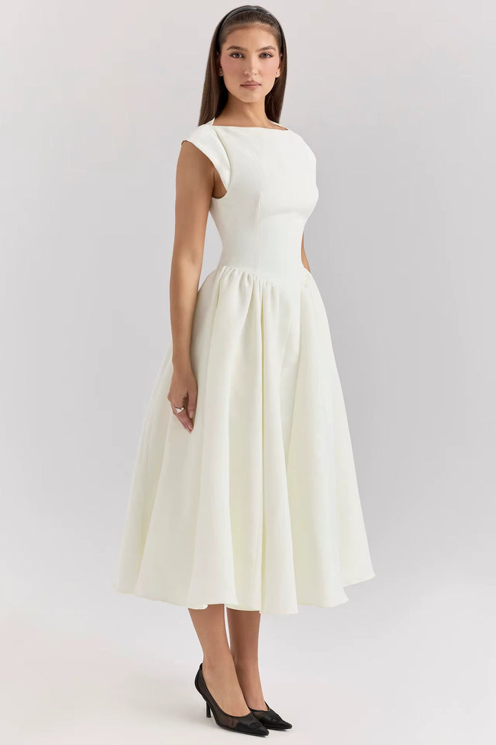 Vestido Midi Estructurado para Invitada de Boda en Blanco