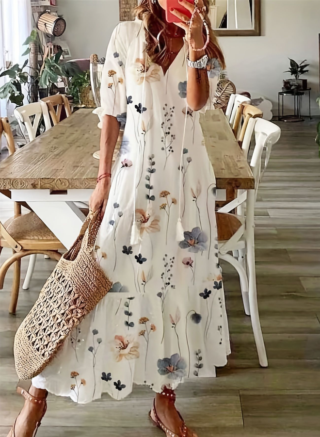 Vestido Midi Floral de Verano en Blanco