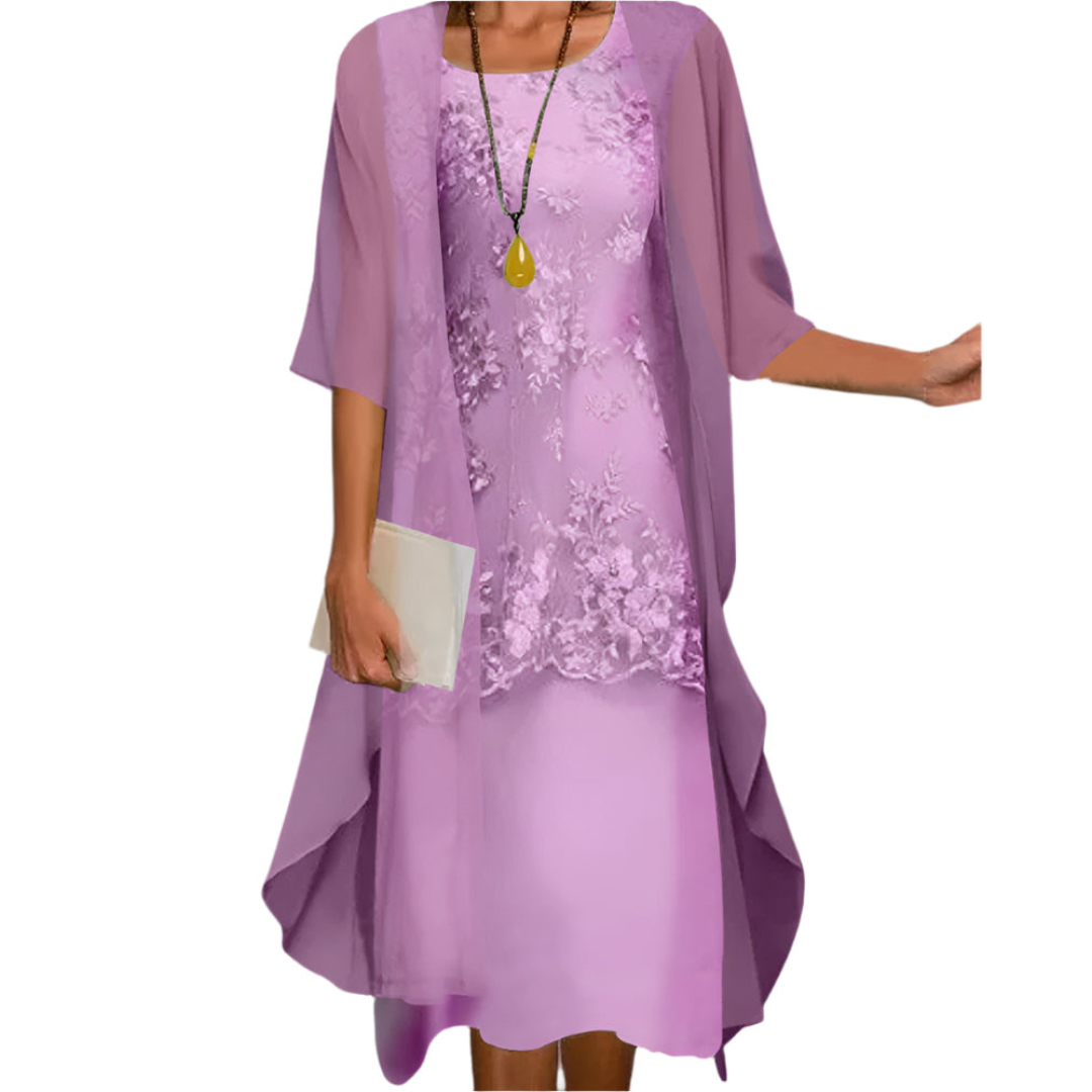 Vestido midi floral elegante para invitada de boda en Morado