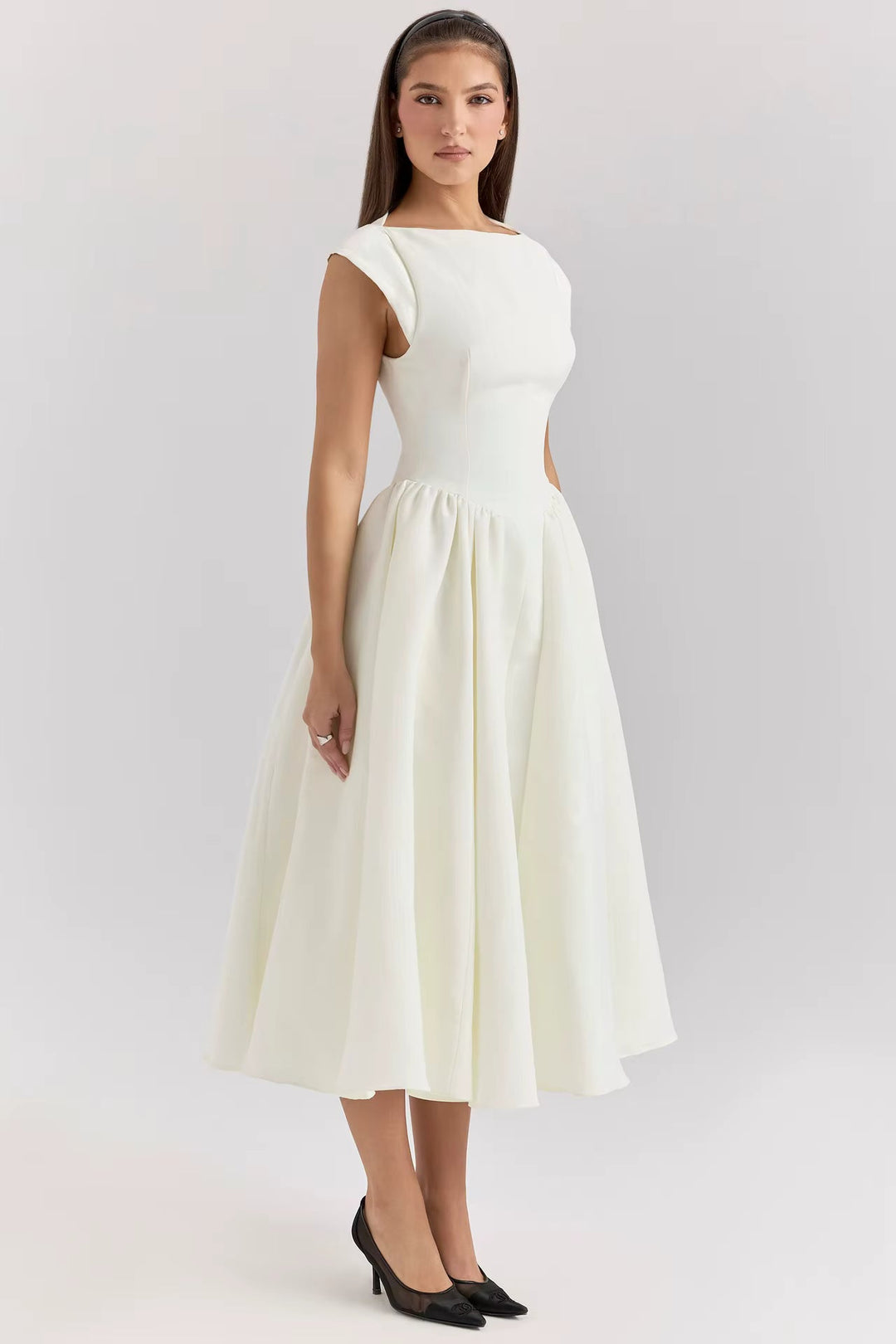 Vestido Midi para Invitadas de Bodas con Mangas Casquete en Blanco