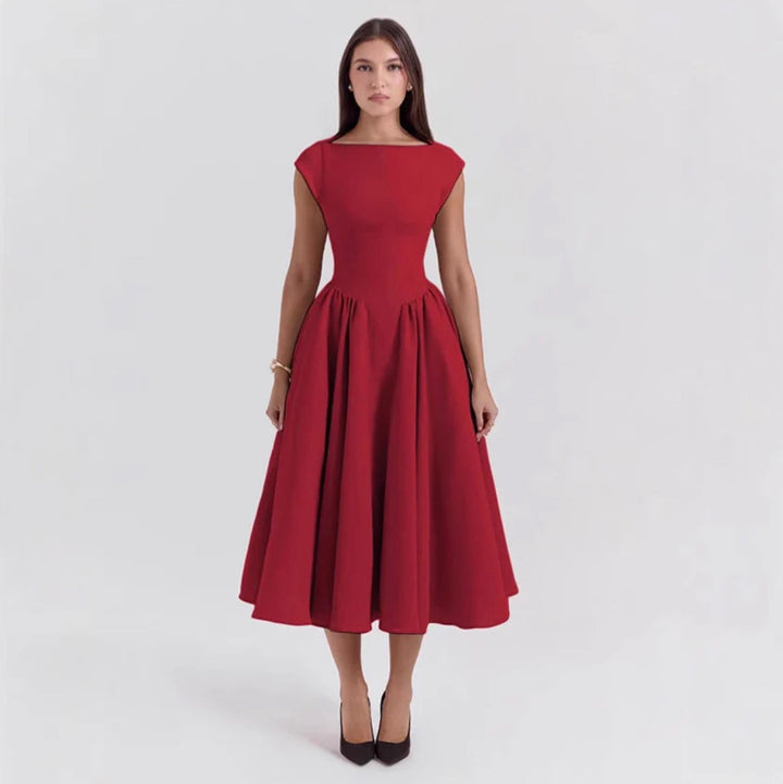 Vestido Midi para Invitadas de Bodas con Mangas Casquete en Rojo